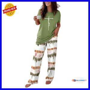 Soft Stretchy Pajama Set Short Sleeve Top Loose Pants Loungewear